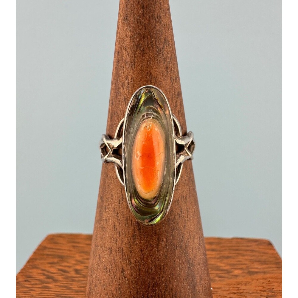 Vintage Sterling Silver Abalone Coral Blister Ring Adjustable Modernist Oval